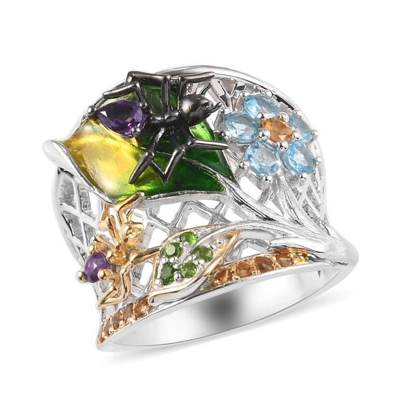 NWT ONE OF A KIND MULTI GEMSTONE RING IN PLATINUM OVER STERLING SILVER SZ 9.0